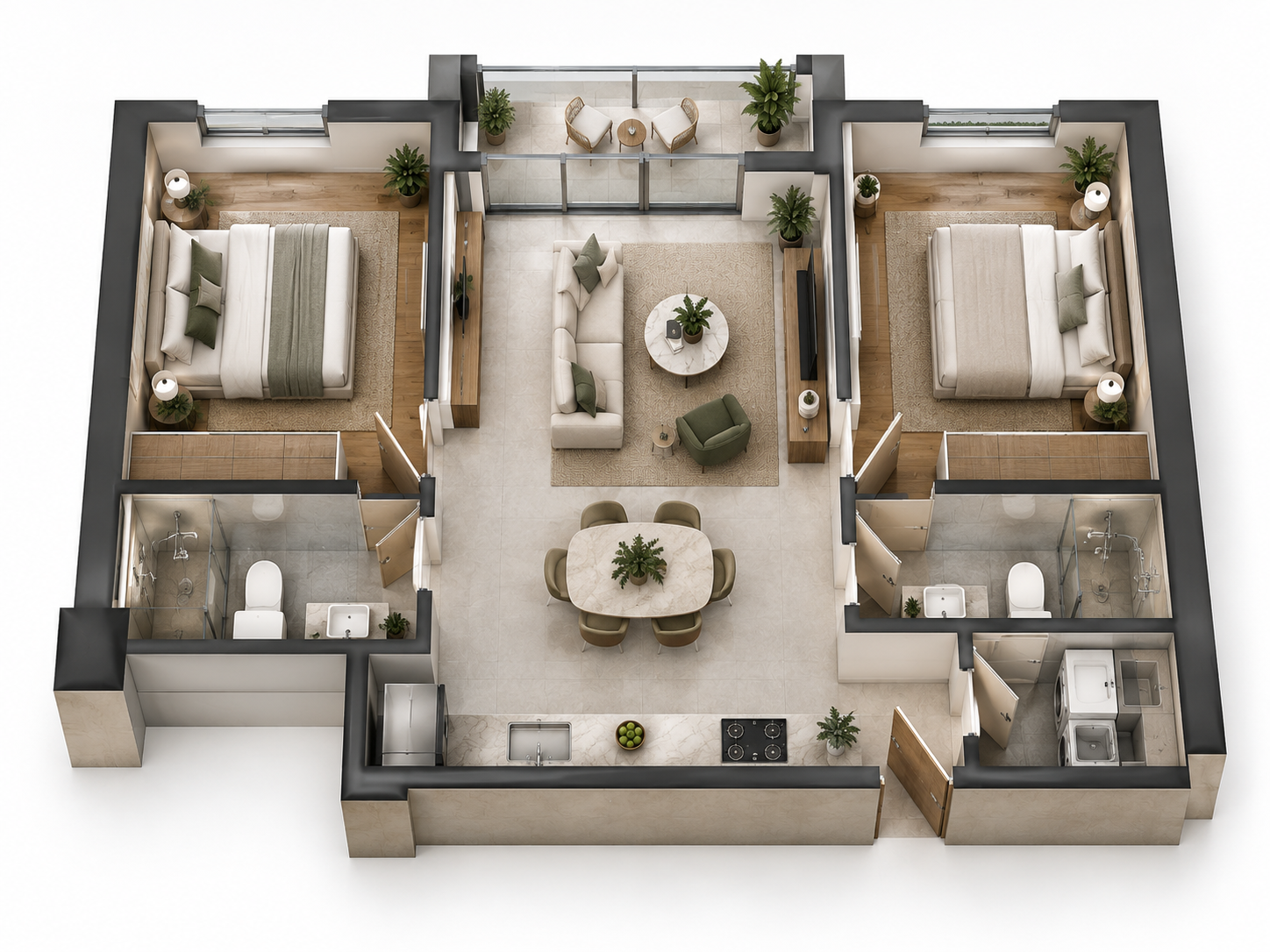 Representational two-bedroom residence plan