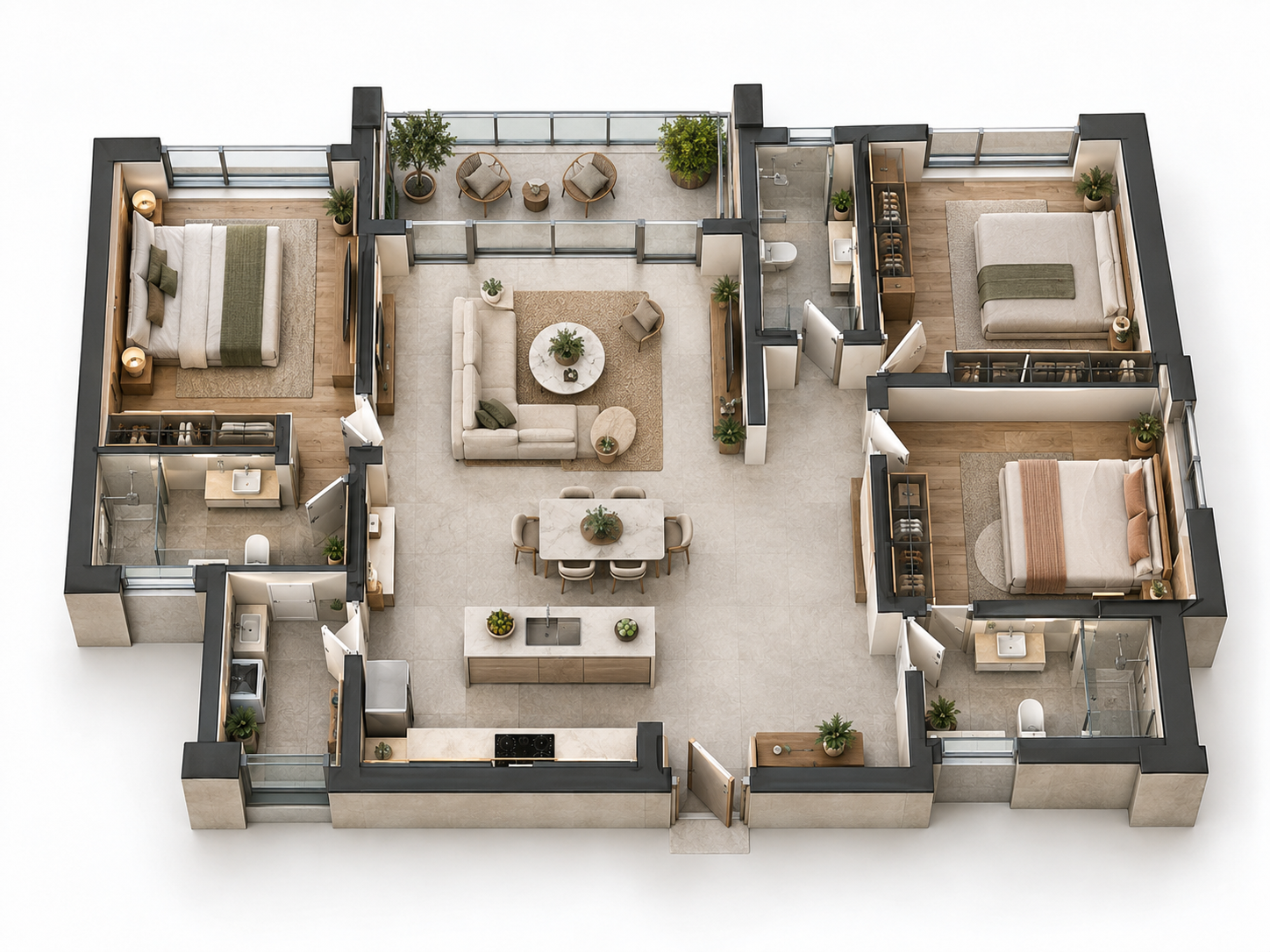 Representational three-bedroom residence plan