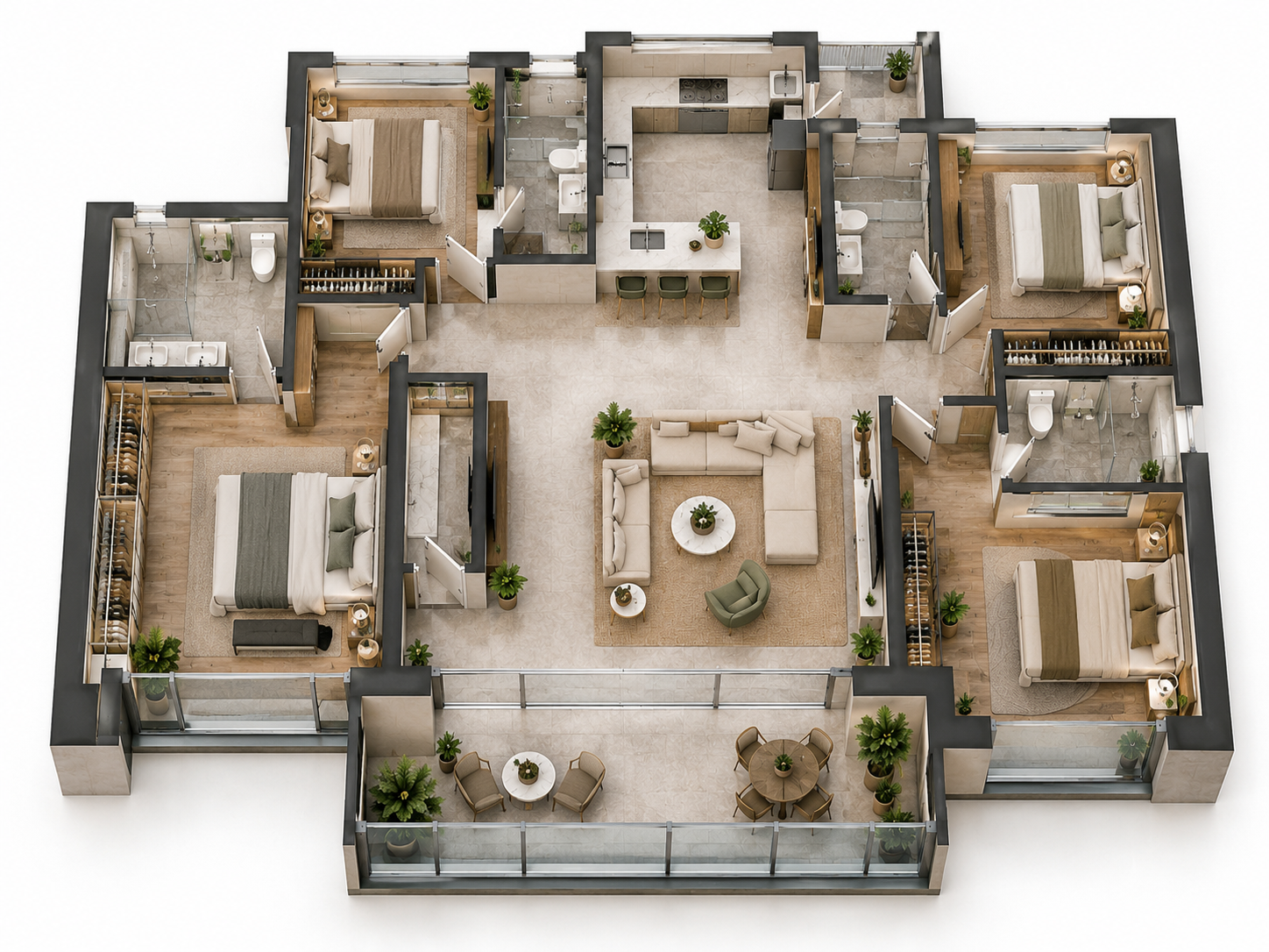 Representational four-bedroom residence plan