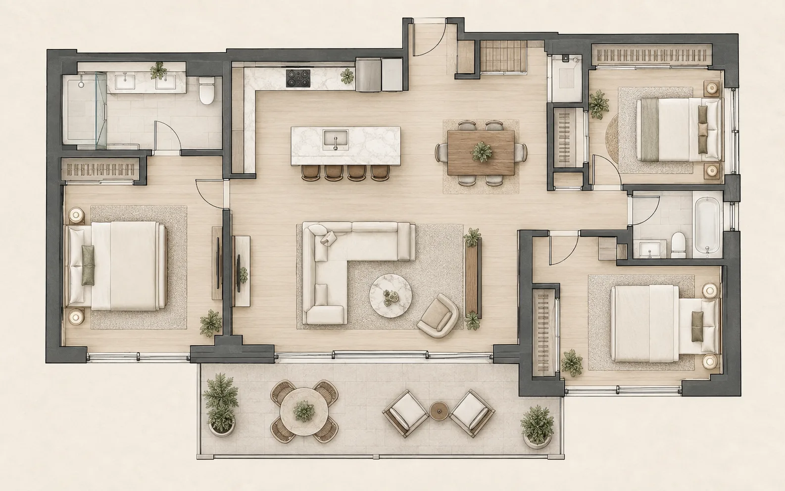 Representational three-bedroom plan