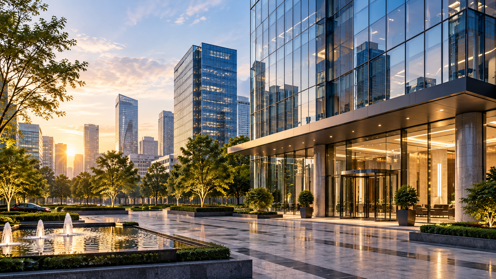 Editorial modern commercial campus at sunset.