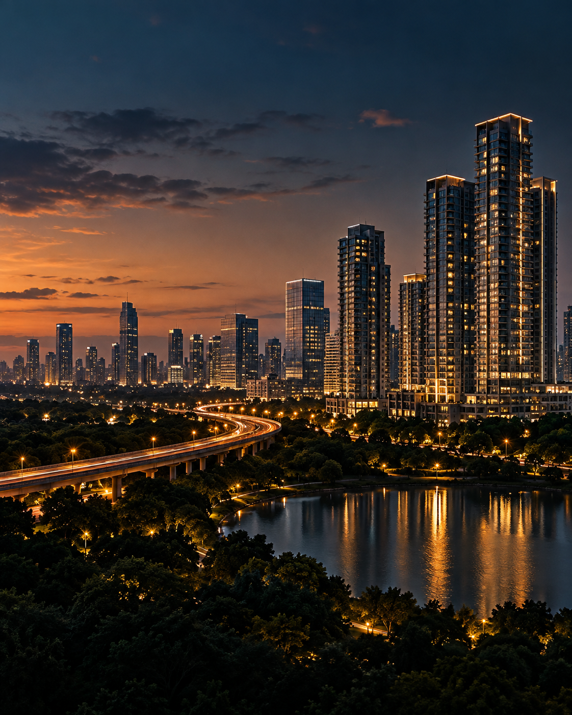 Editorial night skyline and expressway scene.