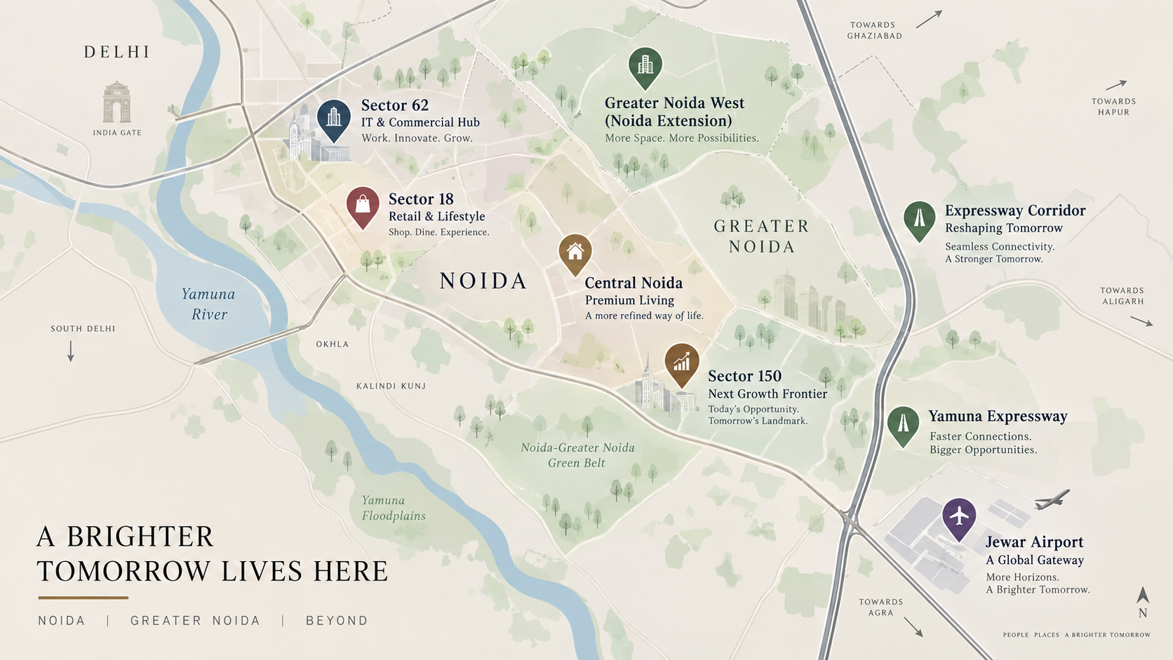 Illustrated regional map showing Noida, Greater Noida, Expressway Corridor, Yamuna Expressway and Jewar Airport labels.