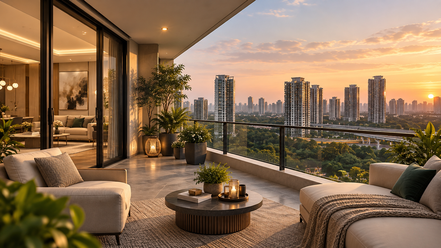 Editorial residential balcony overlooking a city skyline.