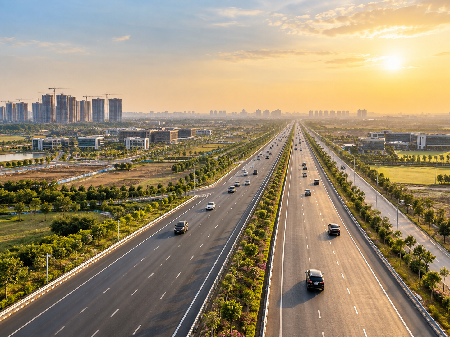 Editorial expressway corridor at sunset.