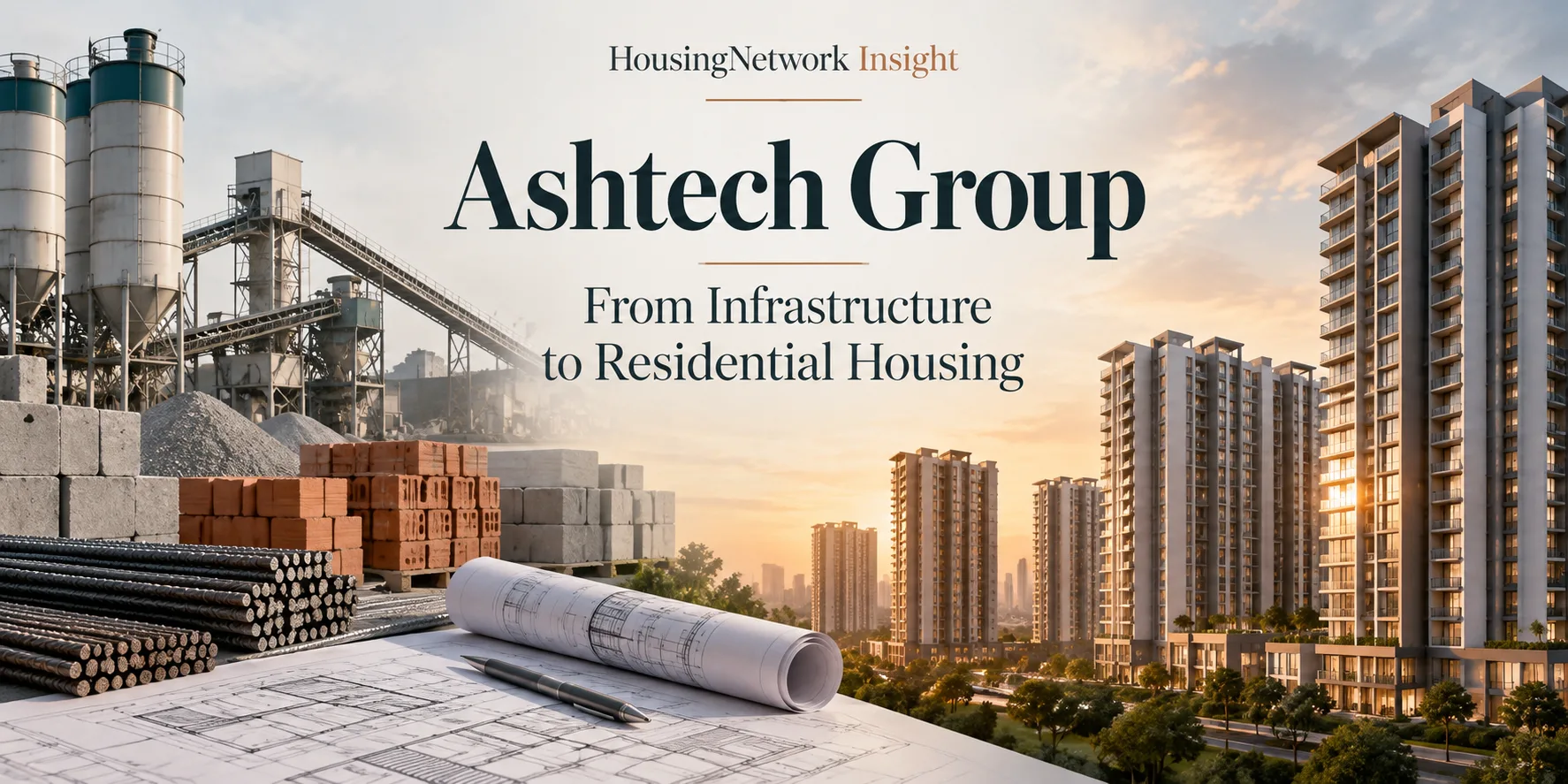 Editorial illustration showing Ashtech Group's transition from construction materials and infrastructure to residential housing