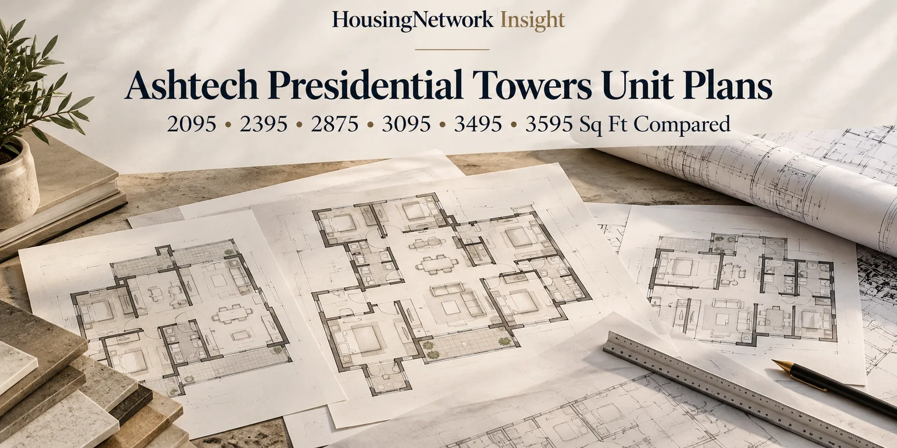 Editorial illustration comparing Ashtech Presidential Towers apartment layout sizes from 2095 to 3595 sq ft