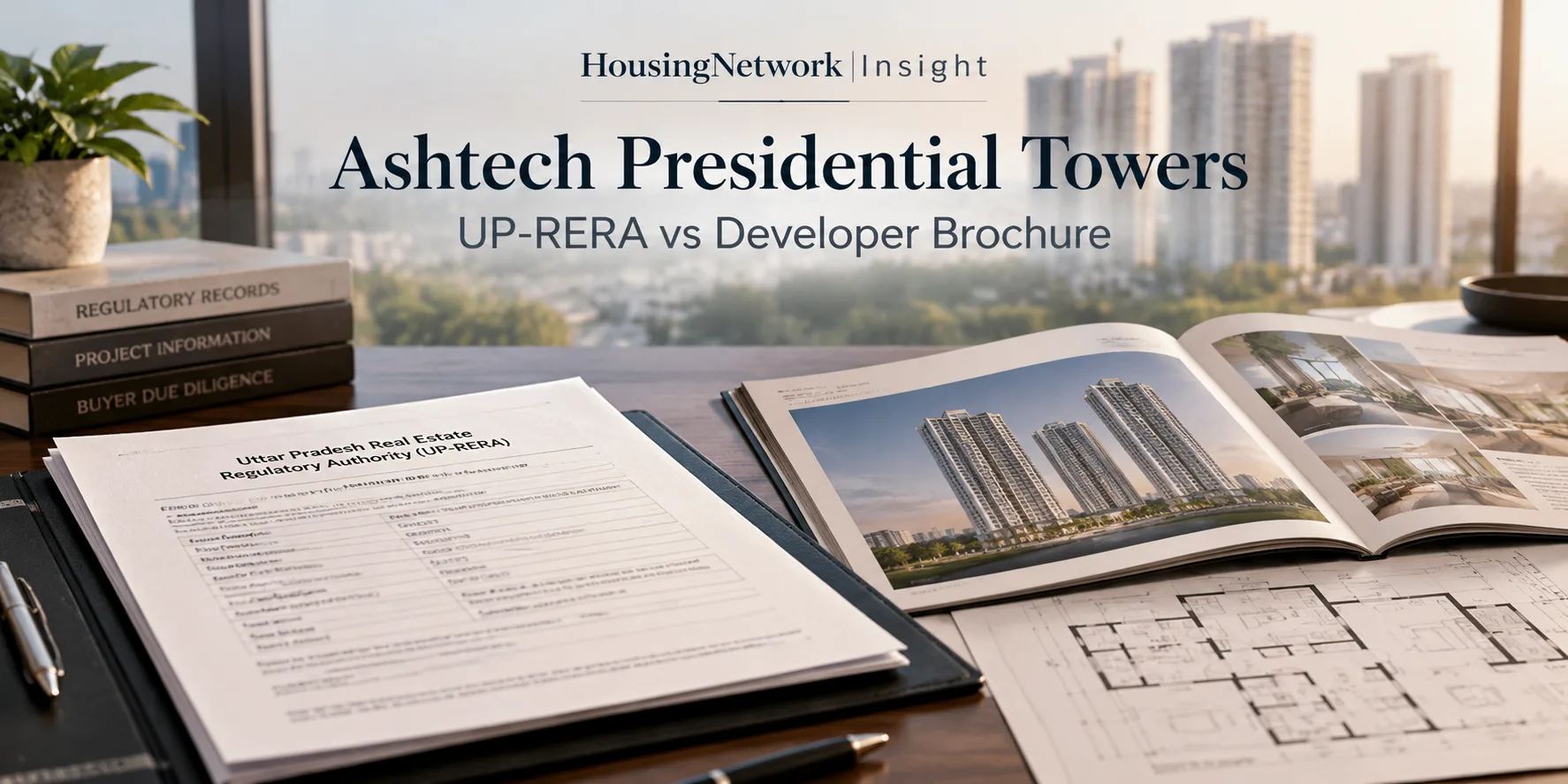 Editorial illustration comparing UP-RERA records with developer brochure material for Ashtech Presidential Towers