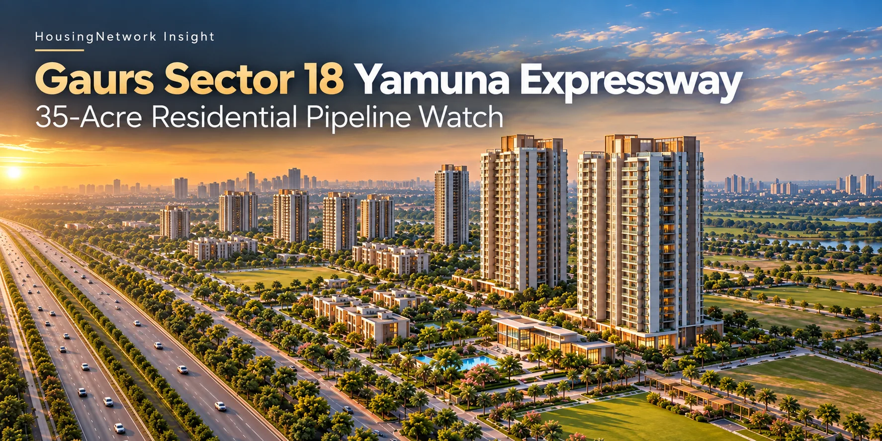 Conceptual aerial illustration of the Gaurs Sector 18 Yamuna Expressway residential pipeline with a HousingNetwork Insight title overlay