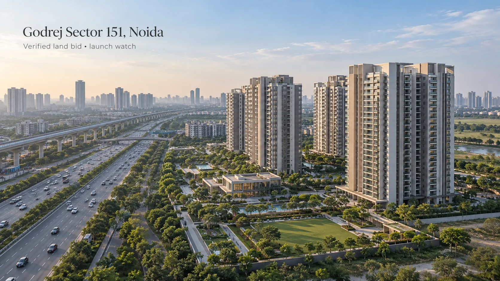 Conceptual illustration of a premium residential development in Sector 151, Noida, for HousingNetwork's Godrej land-bid and launch-watch Insight