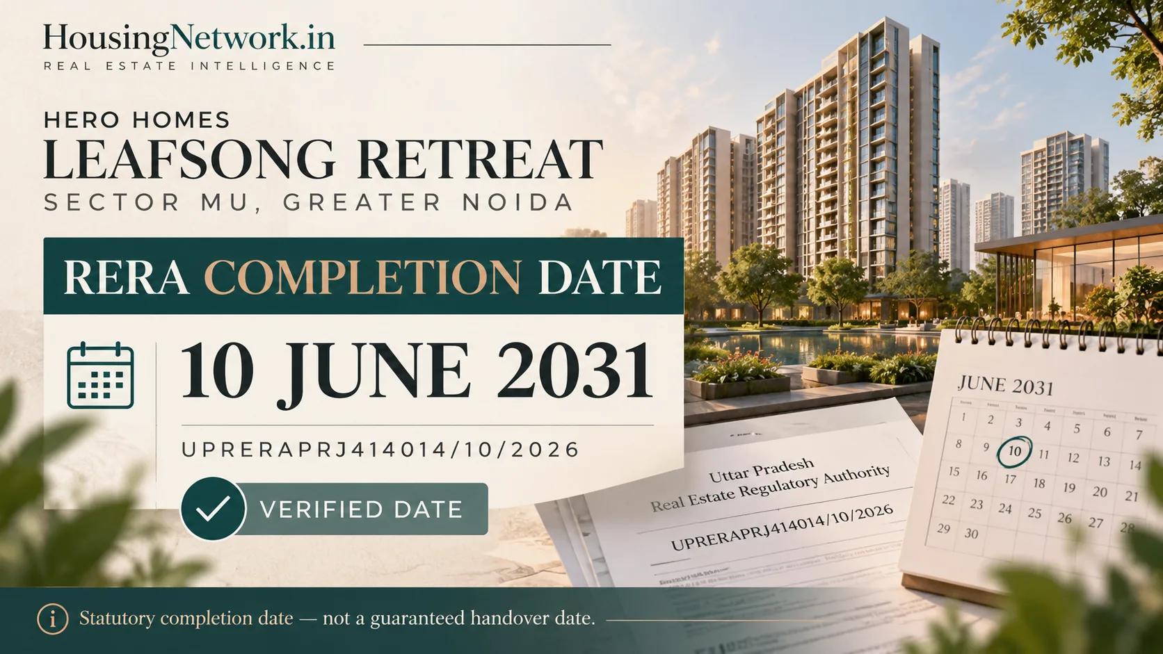 HousingNetwork editorial visual showing Hero Homes Leafsong Retreat's verified UP-RERA completion date of 10 June 2031 in Sector MU, Greater Noida.