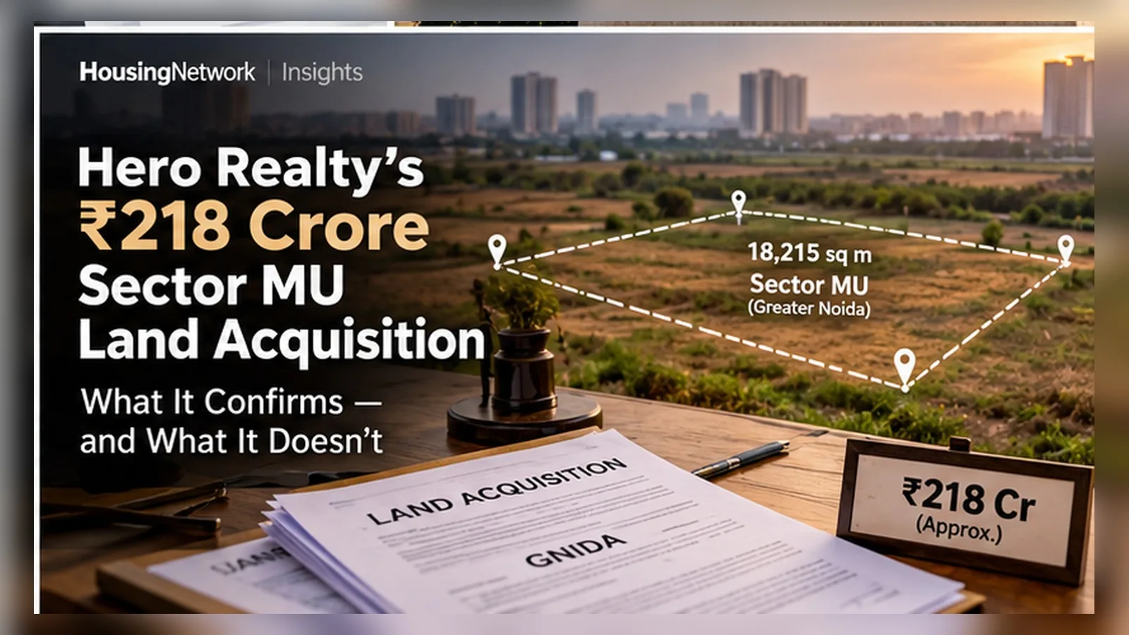 Hero Realty Sector MU land acquisition visual showing the 18,215 sq m Greater Noida parcel and approximately ₹218 crore acquisition context.