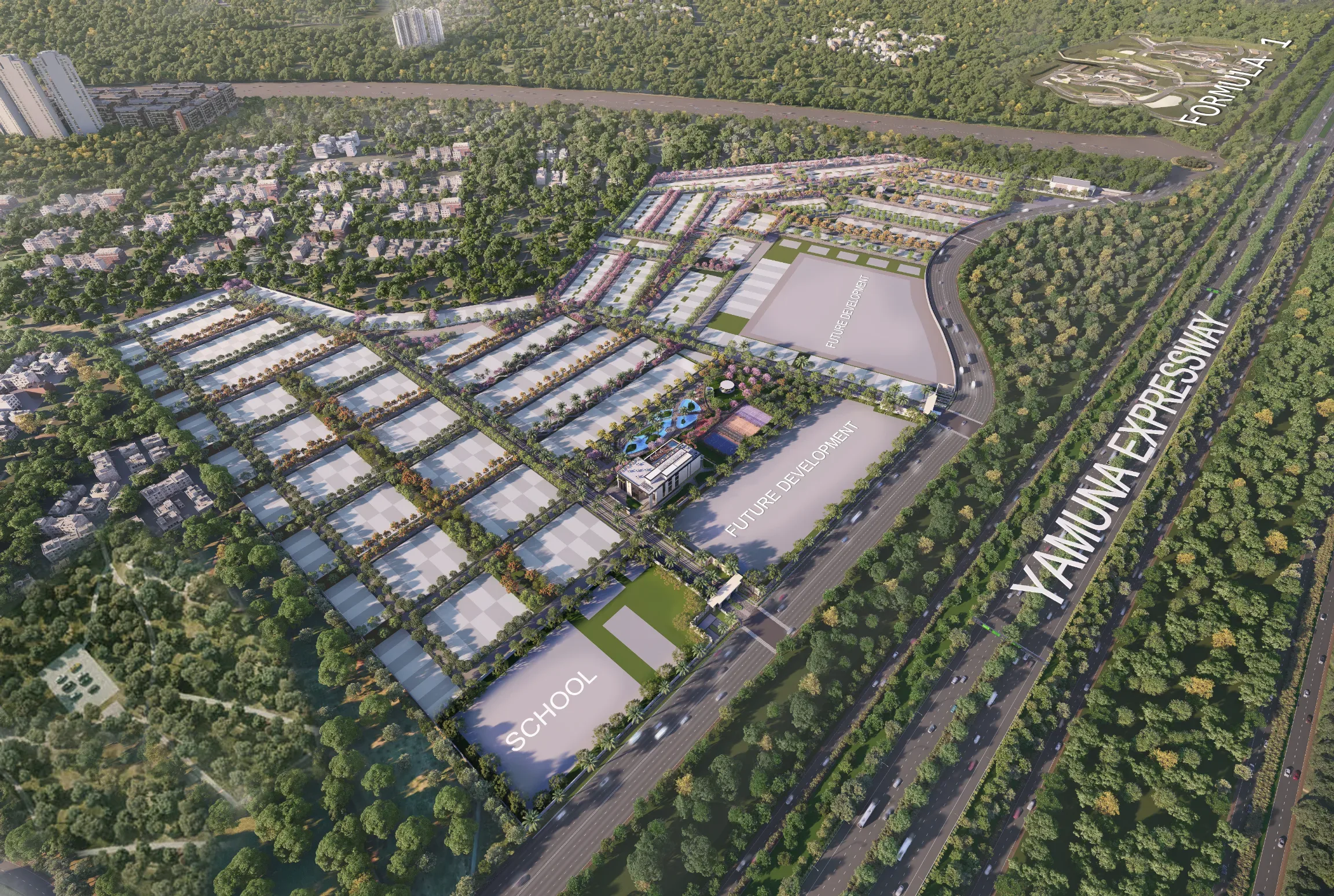 ACE Acreville official aerial day view of the plotted township on Yamuna Expressway.