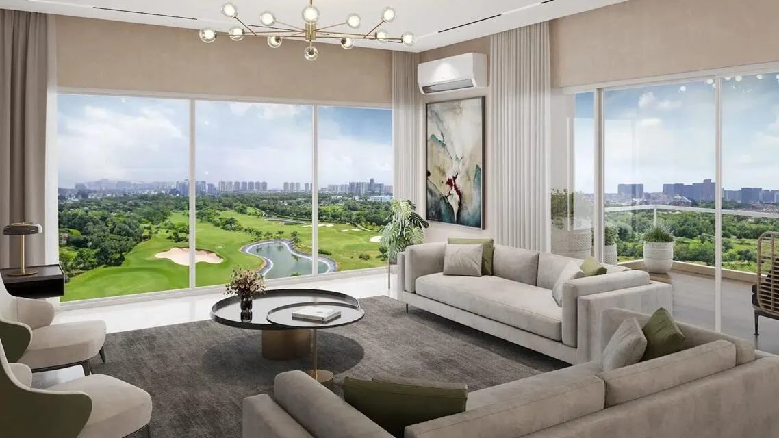 Living room with golf-course views at L&T Green Reserve, Sector 128, Noida